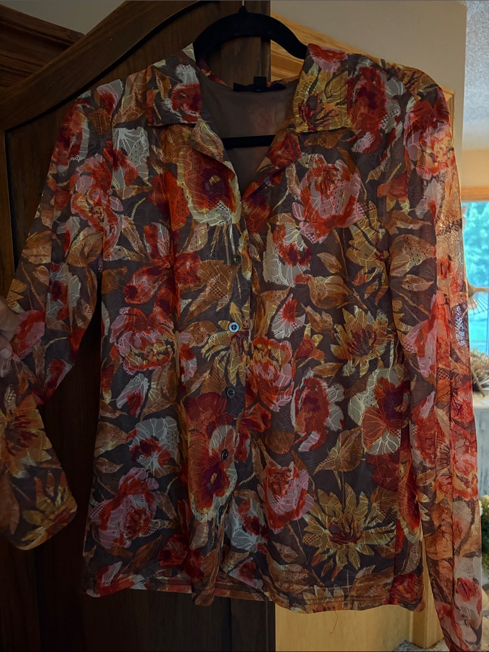 Jane and Delancey Semi Sheer Floral Button-Front Blouse - Red, Gold, Brown